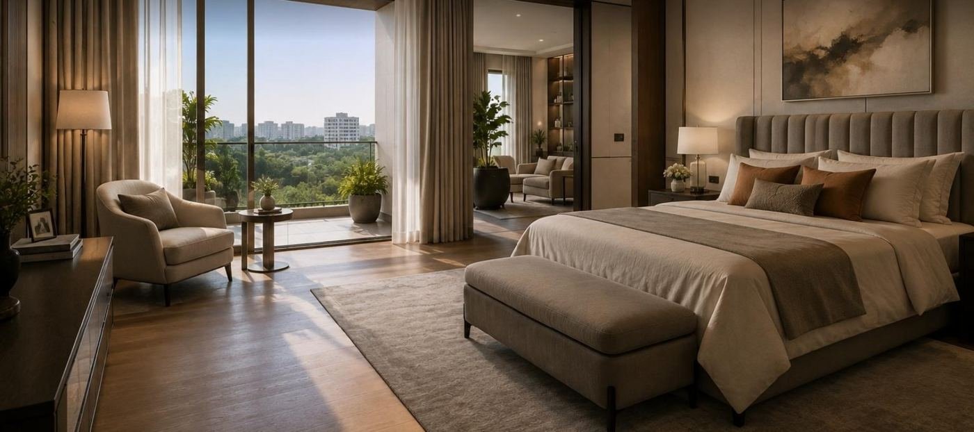 Master bedroom with deck at DLF The Aureva (artist's impression)
