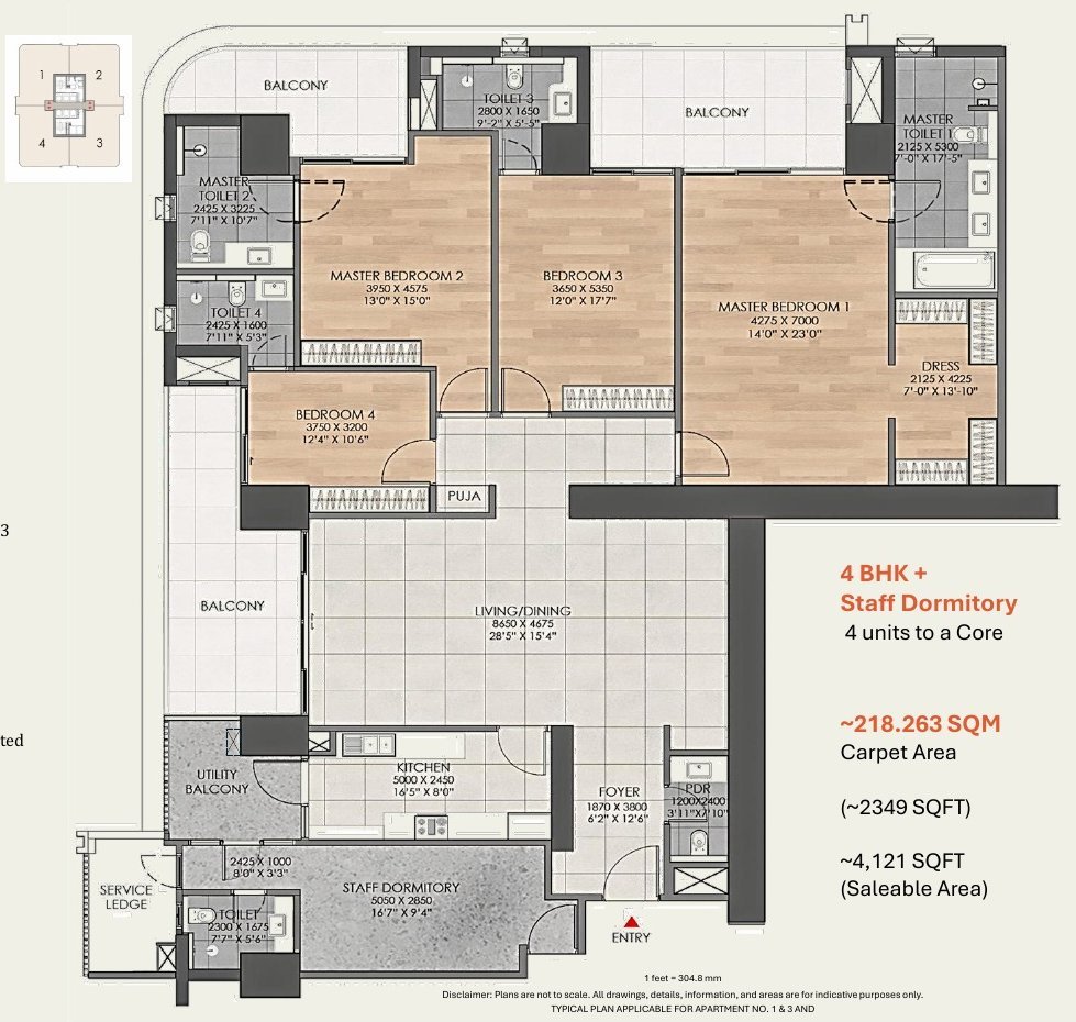 DLF The Aureva 4 BHK unit plan with staff dormitory, ~2,349 sq ft carpet area