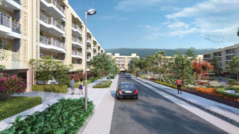 Tree-lined avenue at DLF The Valley Gardens with the Shivalik hills behind (artist's impression)